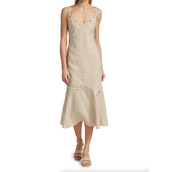 Staud Mercerie Natural Shell Embellished 100% Linen Dress Size 16 - Picture 1 of 13